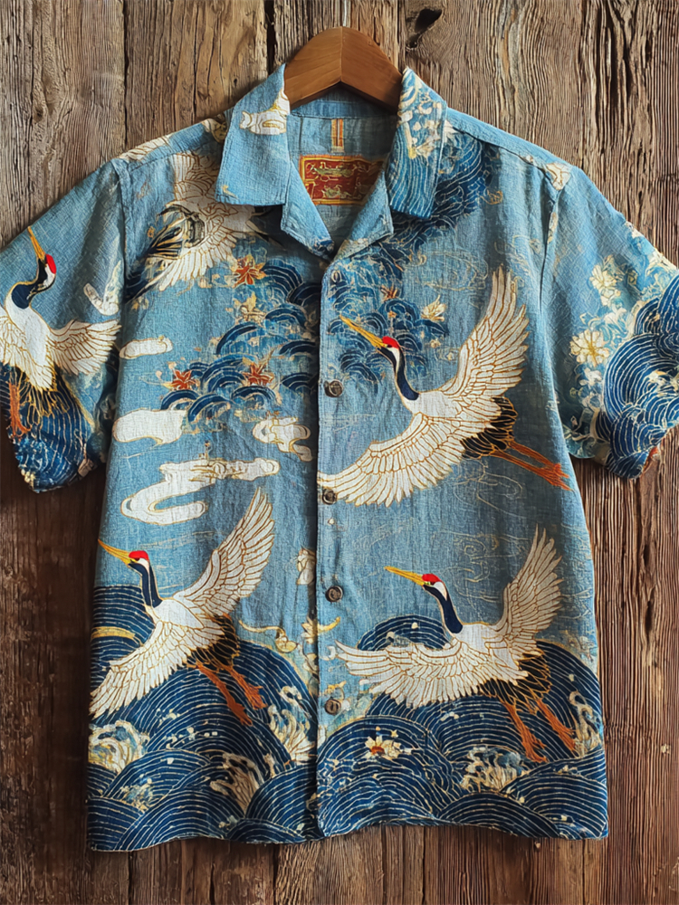Japanese Cranes Floral Sea Waves Linen Shirt