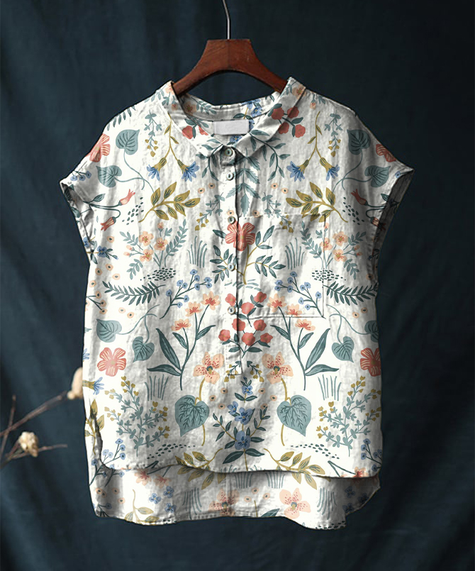 Vintage Floral Print Short-sleeved Cotton & Linen Shirt