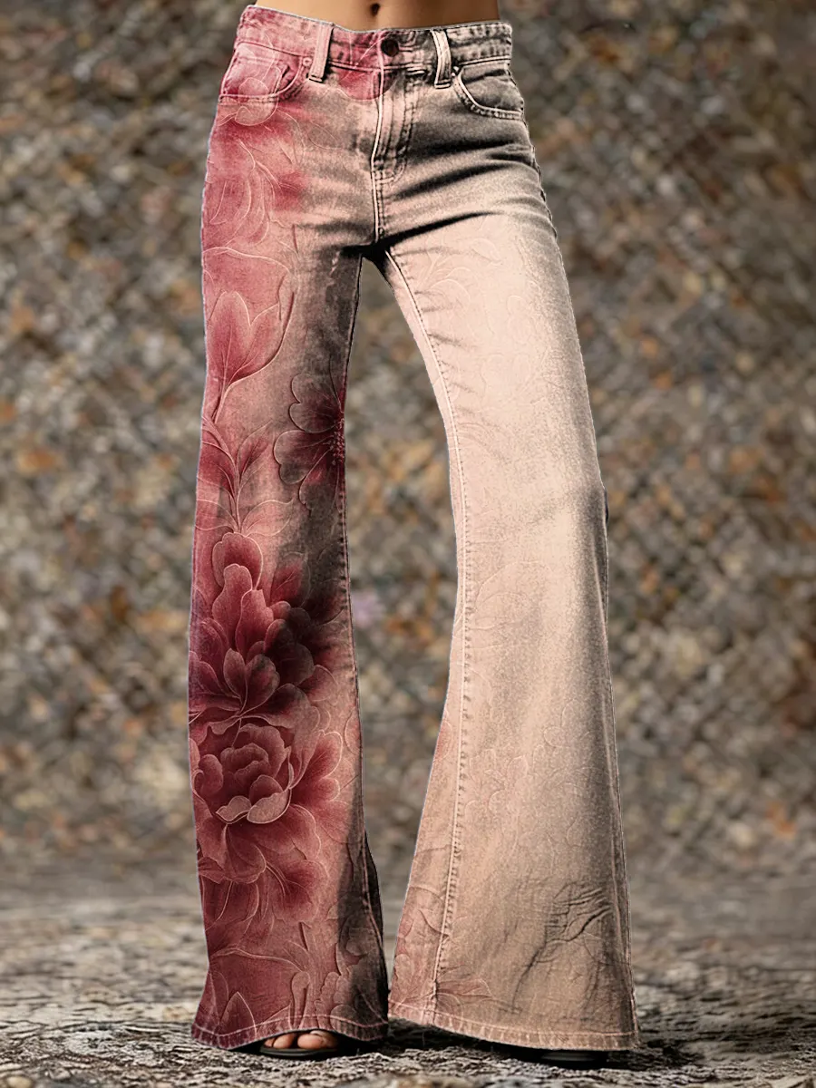 Womens Vintage Ethnic Red Gradient Floral Art Printed Casual Slim Denim Wide Leg Pants