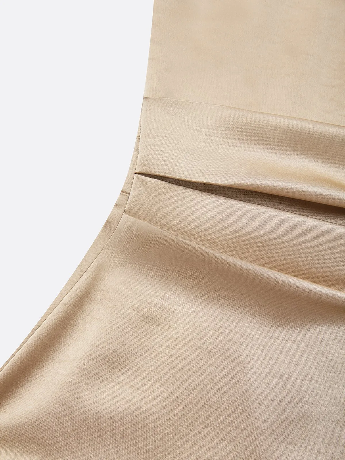 Champagne Ruched Buckle Satin Cowl Neck Sleeveless Sheath Midi Dress