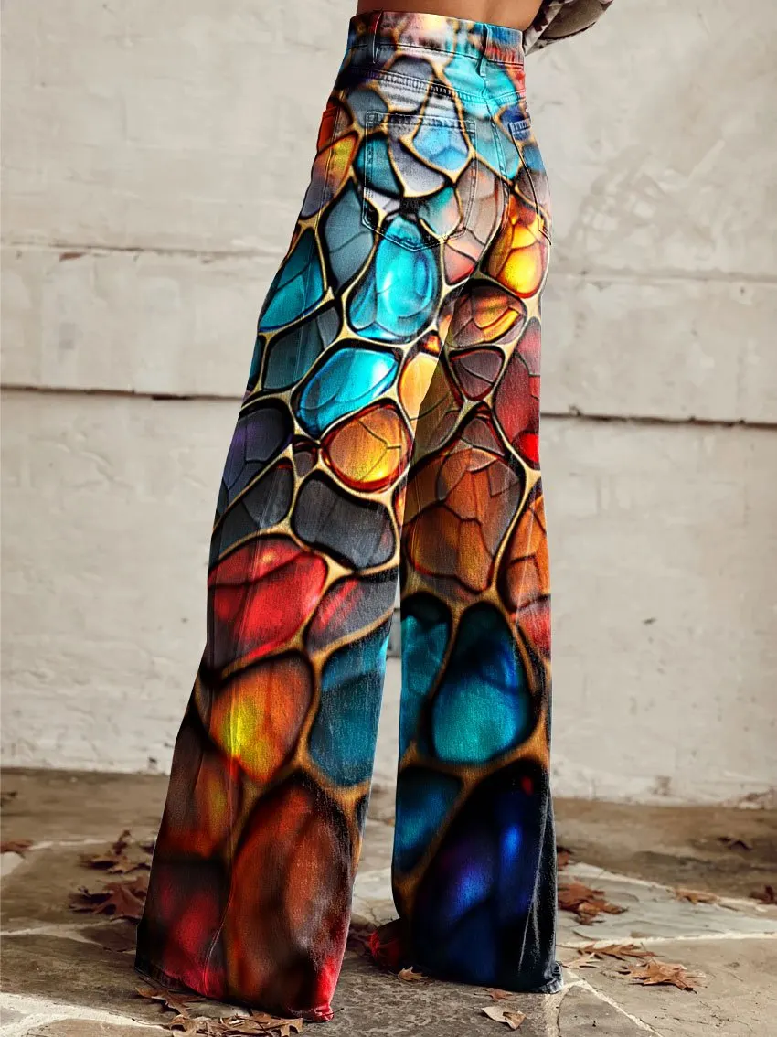 Abstract Colorful Broken Texture Print Casual Wide-Leg Pants