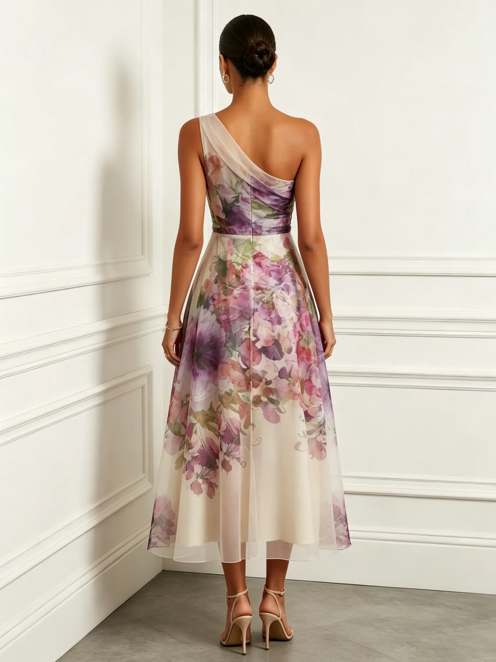Purple Floral Ruched Tulle One-Shoulder Sleeveless A-Line Midi Dress