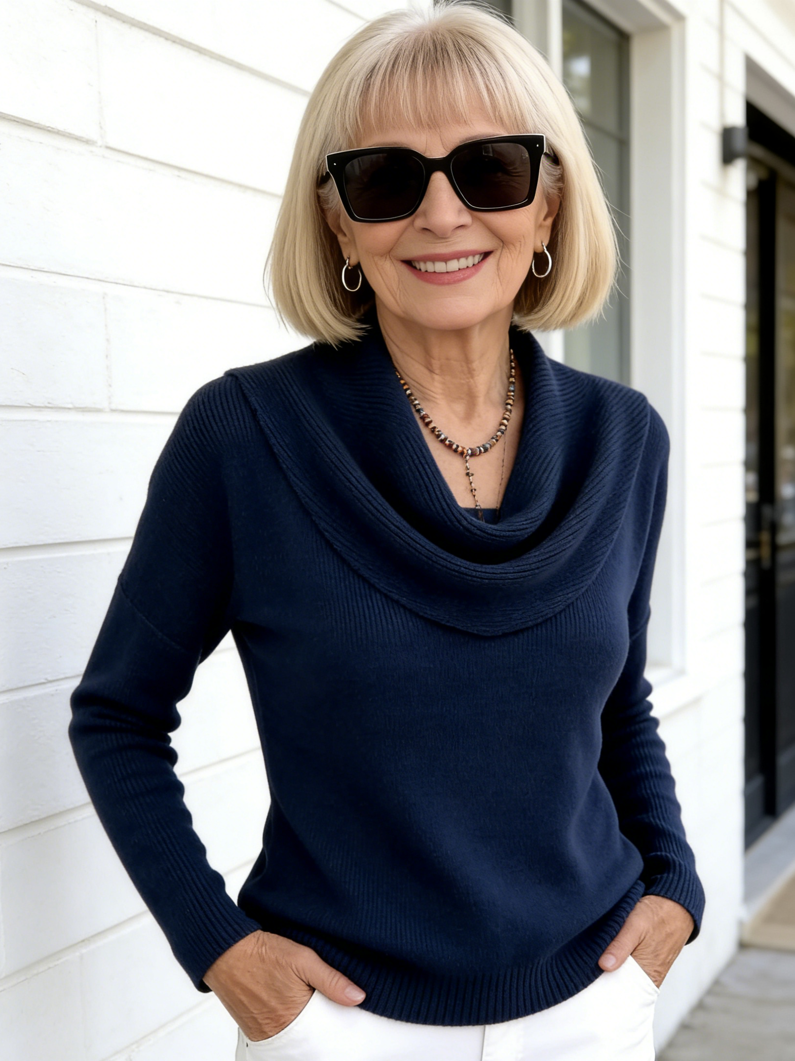 Ivory Cowl-Neck Knit Sweater