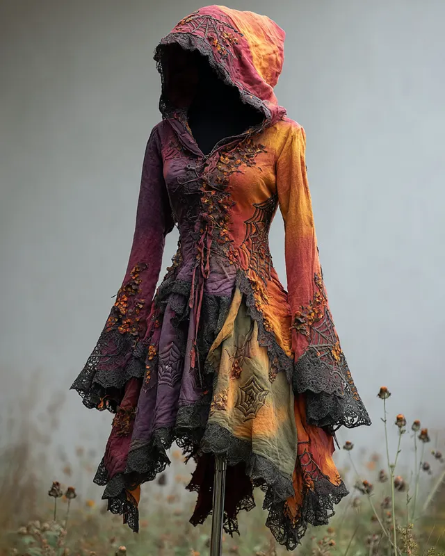 Bohemian style Irregular Gradient Embroidered Lace Patchwork Hooded Evening Dress cf02
