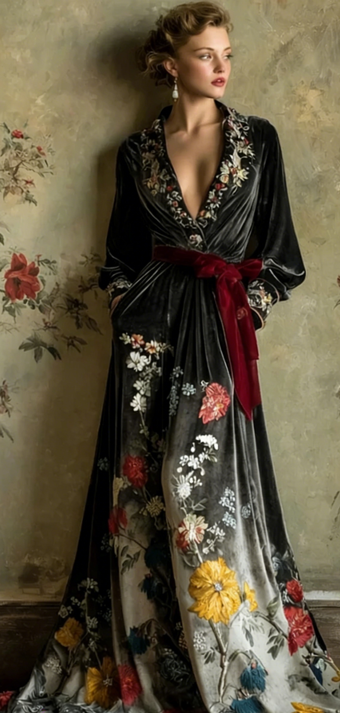 Autumn and winter elegant velvet robe (with belt)