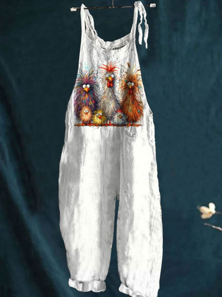 Funny Chicken Family Art Print Colorful Art Casual Wide-Leg Jumpsuit