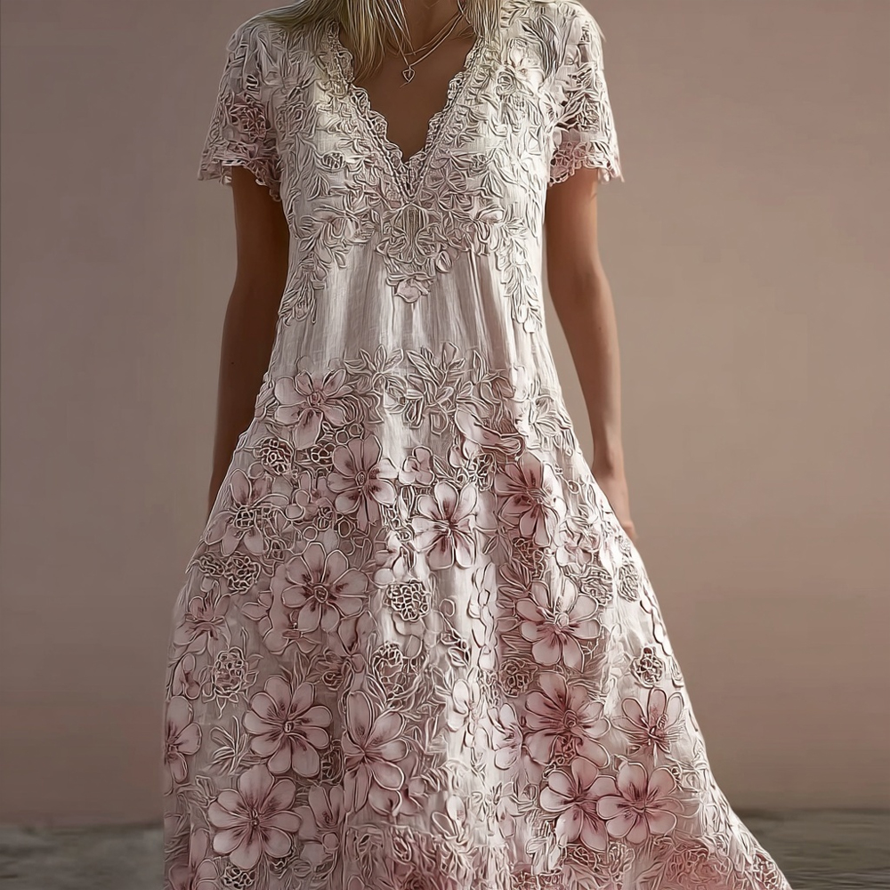Vintage Floral Lace Embroidered V Neck Maxi Dress