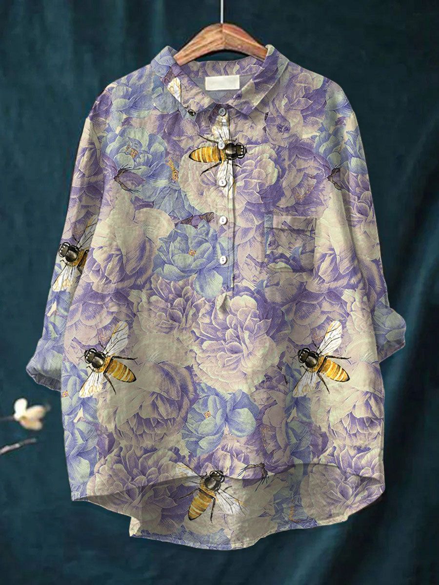 Vintage Flower Bee Art Print Casual Cotton & Linen Shirt