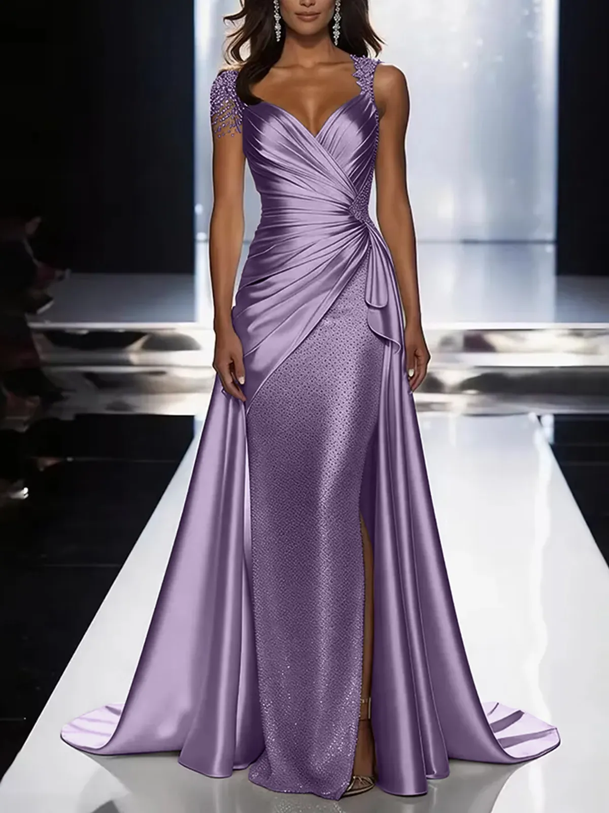 Silver Grey Deep V-Neck Draped Satin Metallic Mermaid Maxi Dress