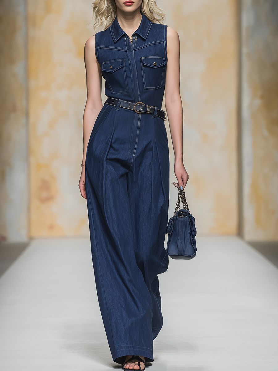 Vintage & Casual Sleeveless Denim Jumpsuit