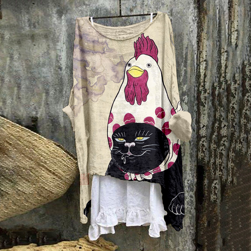 Vintage Japanese Cat & Chicken Art Linen Tunic