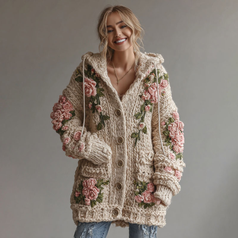 Women's Vintage Pink Floral Art Cozy Knit Hooded Cardigan