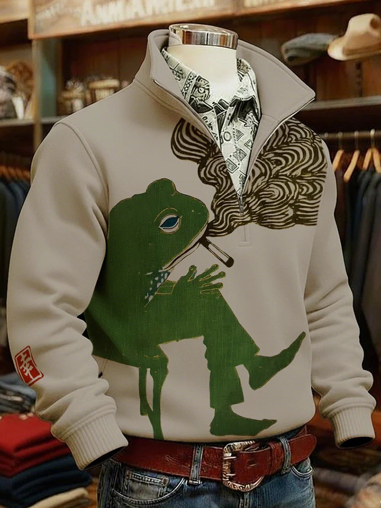 Men's Japanese Art Frog Pattern Quarter Zip Sweatshirt