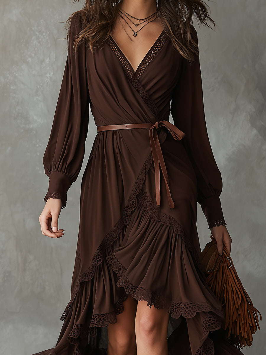 Bohemian-blend Lace Multi-layer Ruffle High-low Hem Maxi Dress