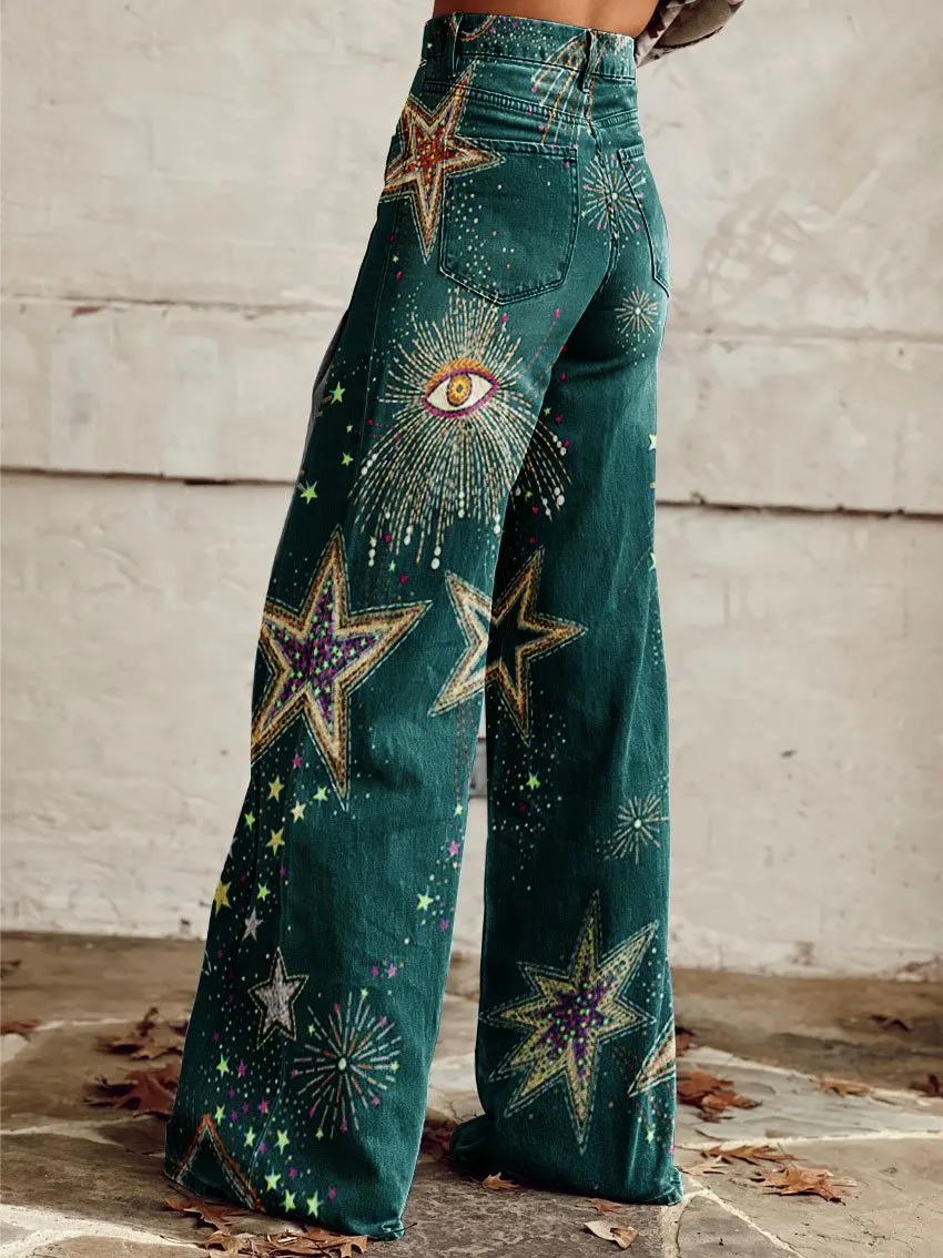 Vintage Print Casual Wide-Leg Pants