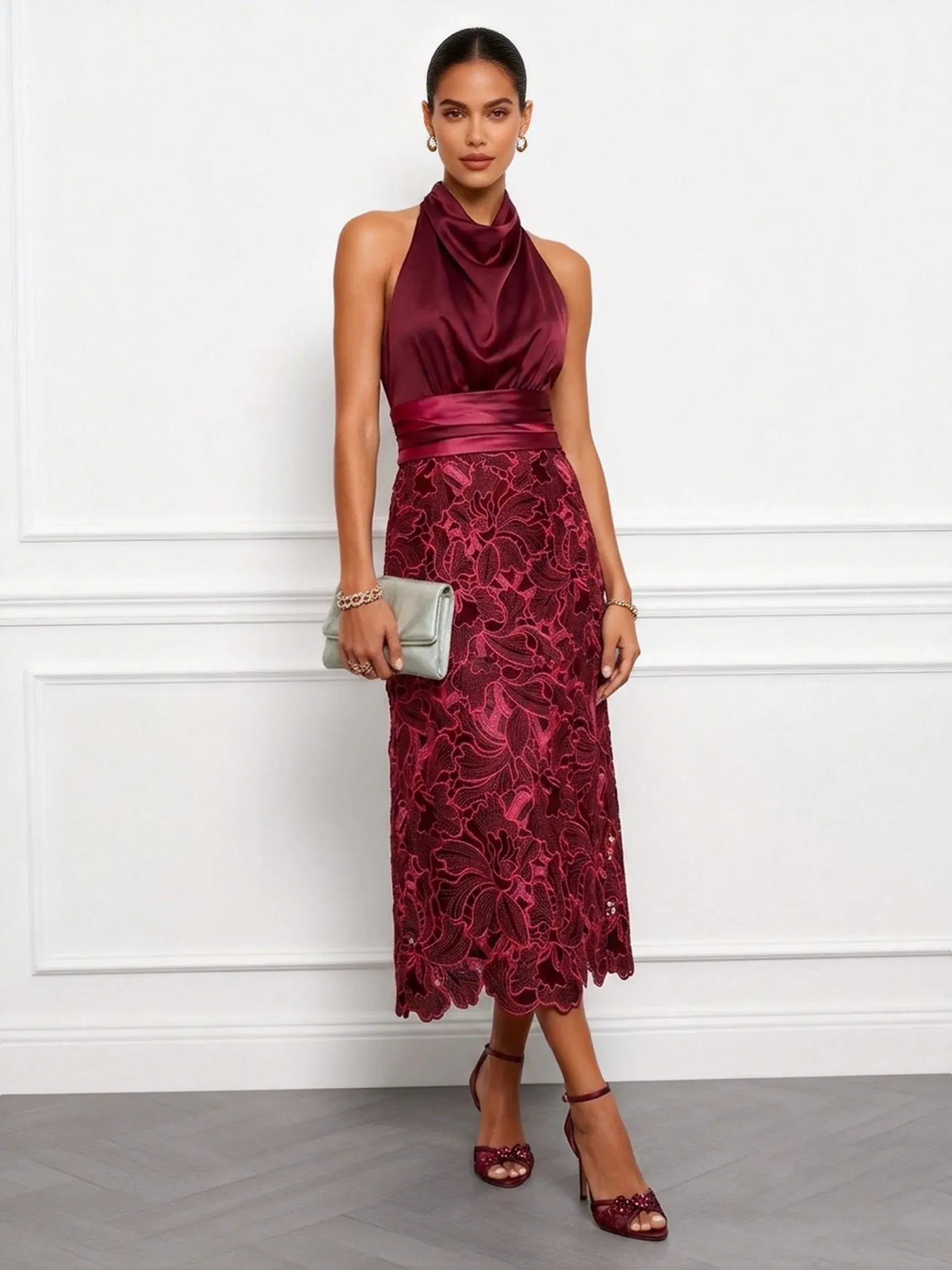 Burgundy Halter Satin Midi Dress