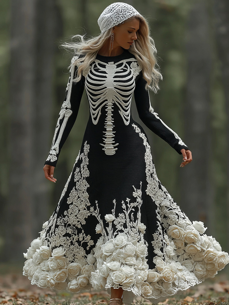 Women's Halloween Skeleton Bones With Rose Art Cozy Knitted Warm Long Sleeve Maxi Dress