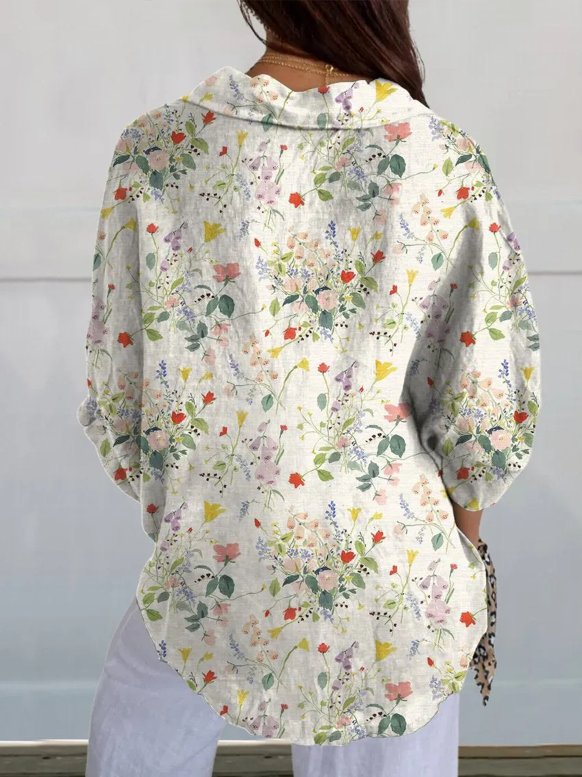 Colorful Flower Bouquet Floral Print Casual Linen V-neck Shirt