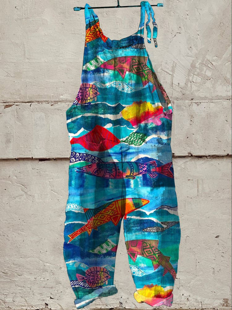 Watercolor Sea Fish Pattern Printed Women's Casual Wide-Leg Jumpsuit