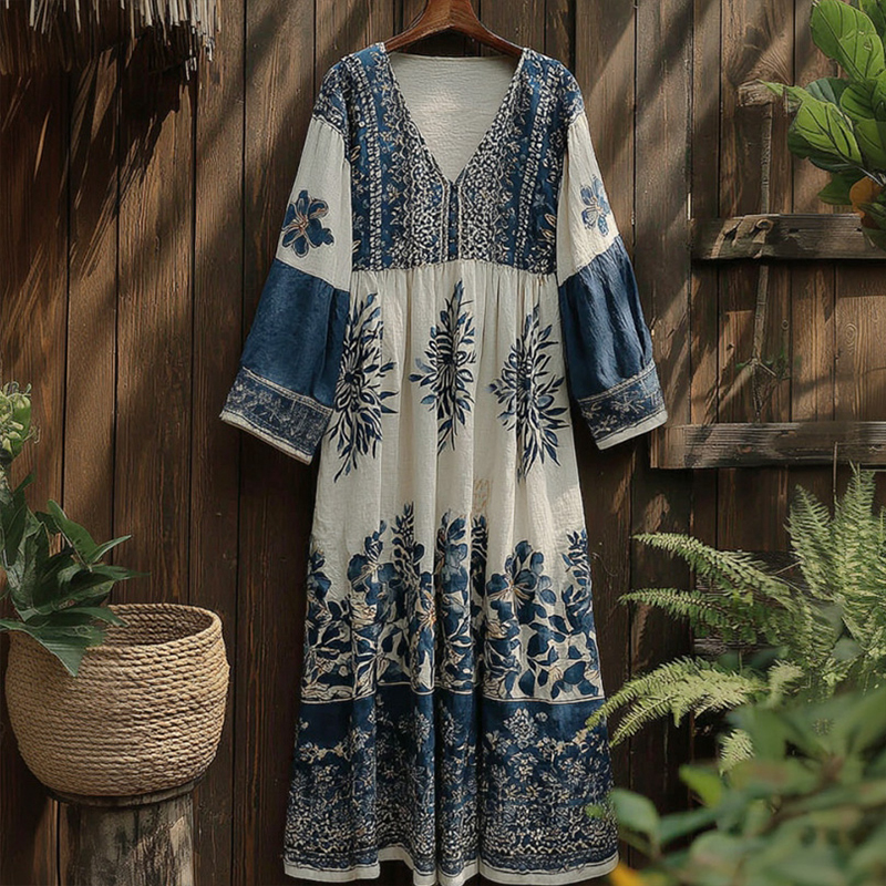 Floral V-neck Long-sleeved Dress