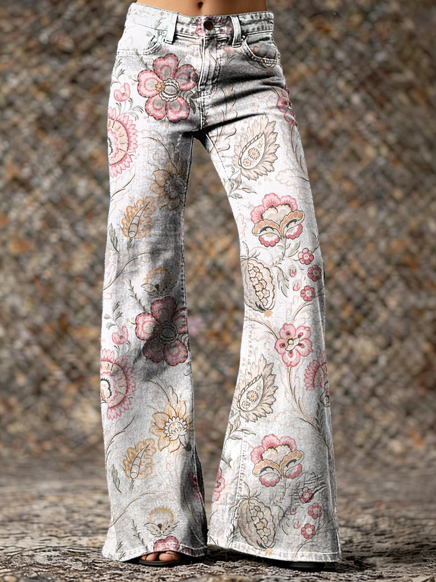 Retro Floral Art Print Casual Washed Cotton Pants