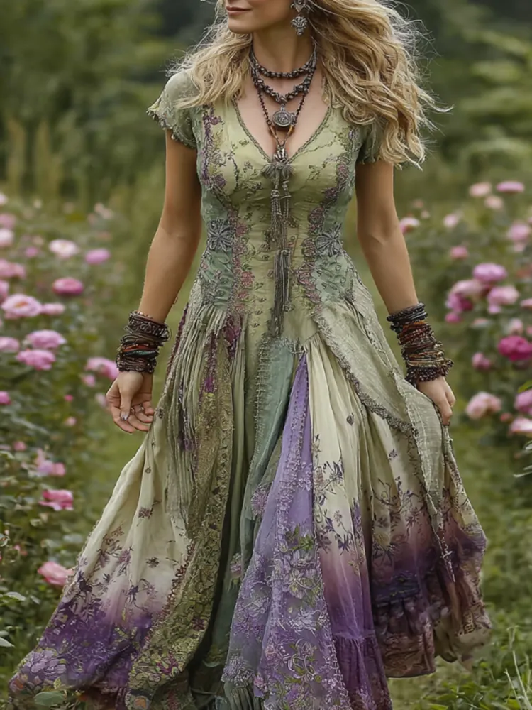 Vintage Gradient Purple Floral Embroidered Maxi Dress