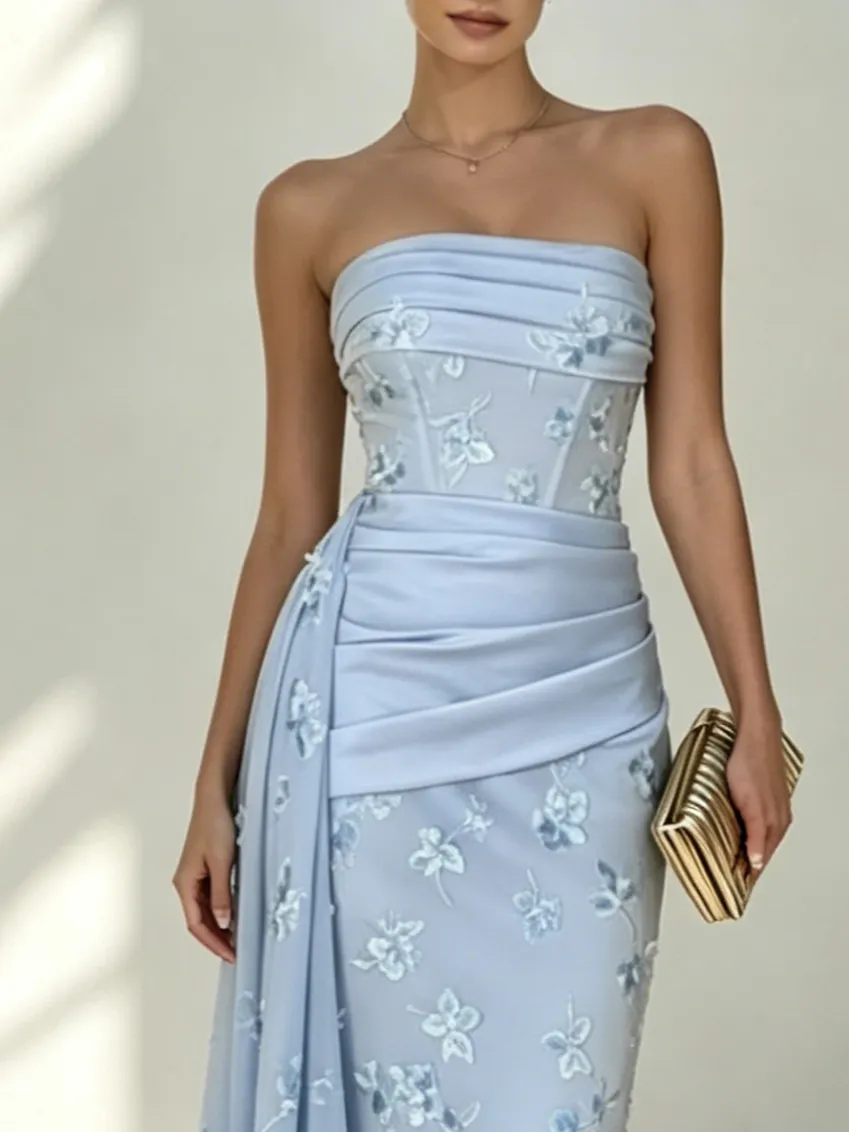 Light Blue Classic Strapless Sleeveless Mermaid Floor-length Gown