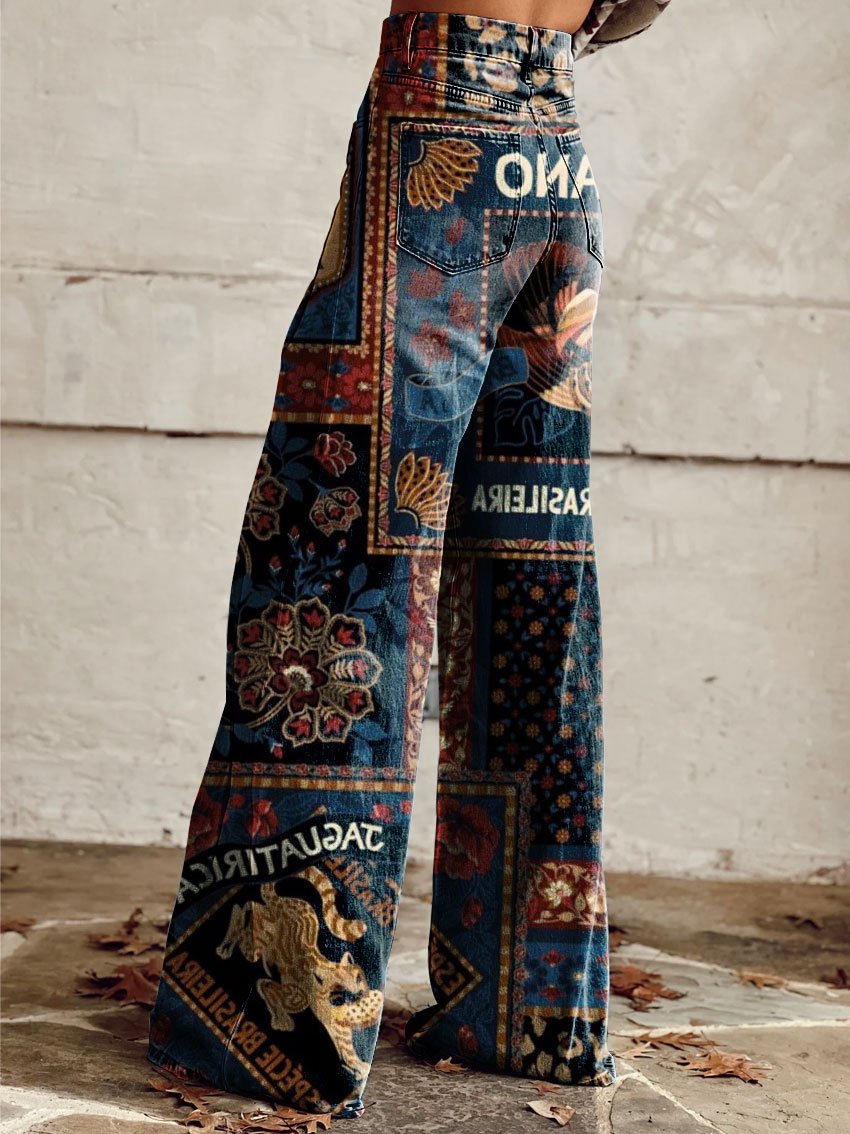 Vintage Print Casual Wide-Leg Pants