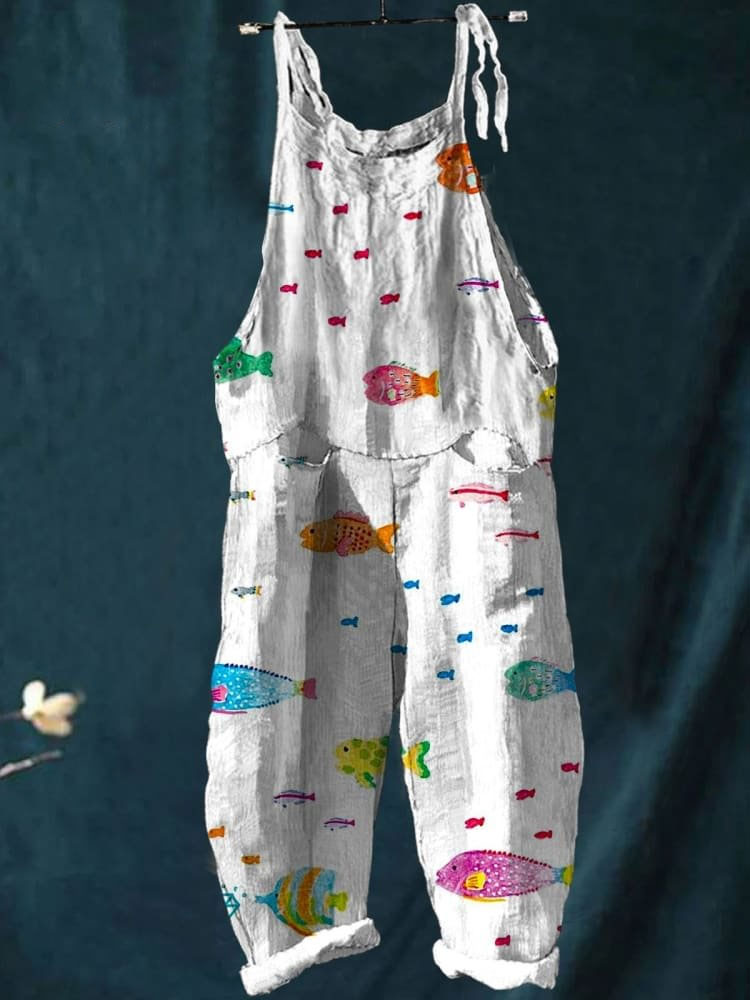 Vintage Lovely Fish Art Print Casual Wide-Leg Jumpsuit
