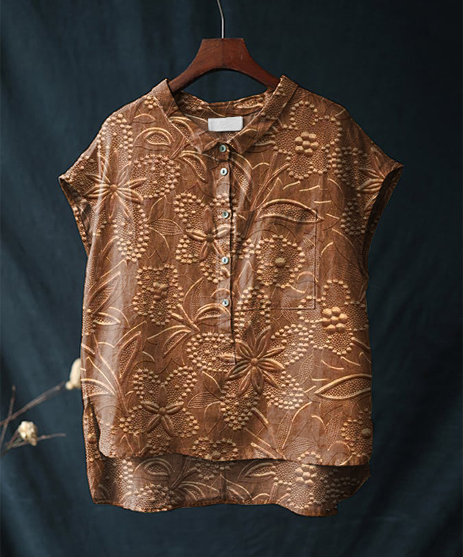 Vintage Floral Print Short-sleeved Cotton & Linen Shirt