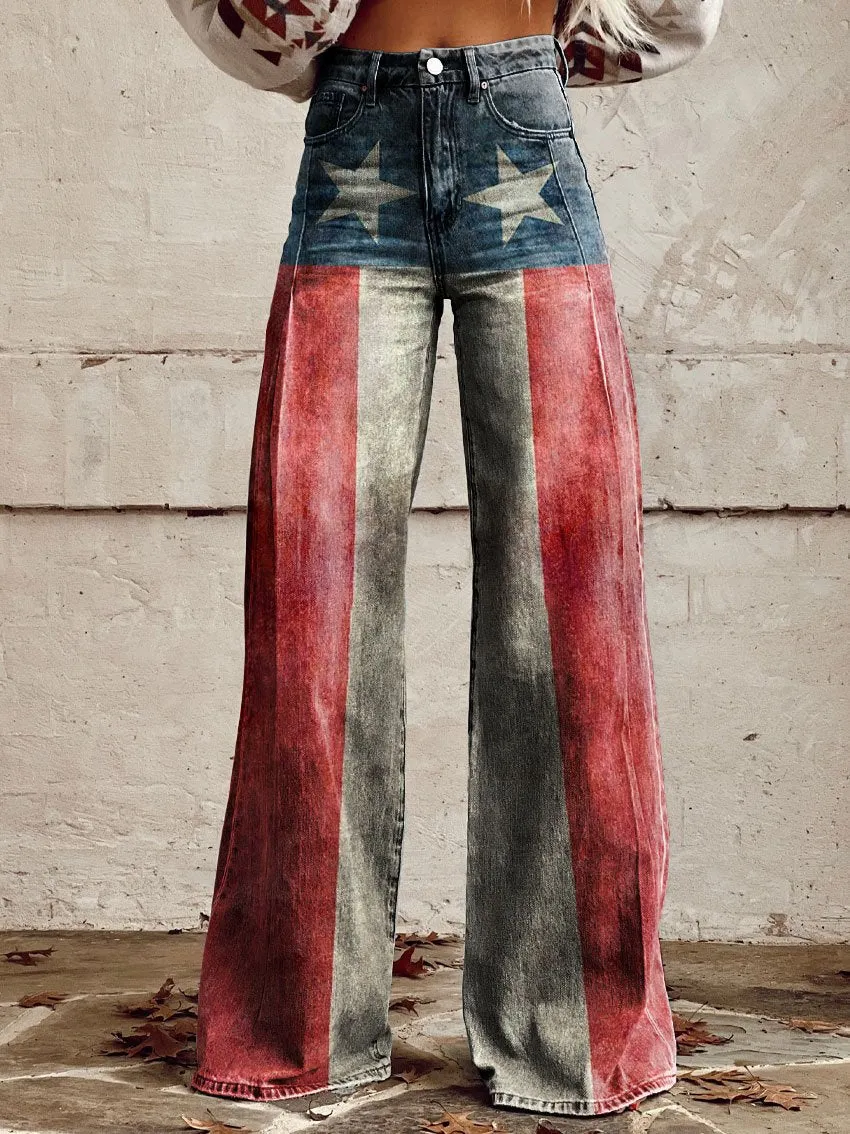 Vintage Print Casual Wide-Leg Pants