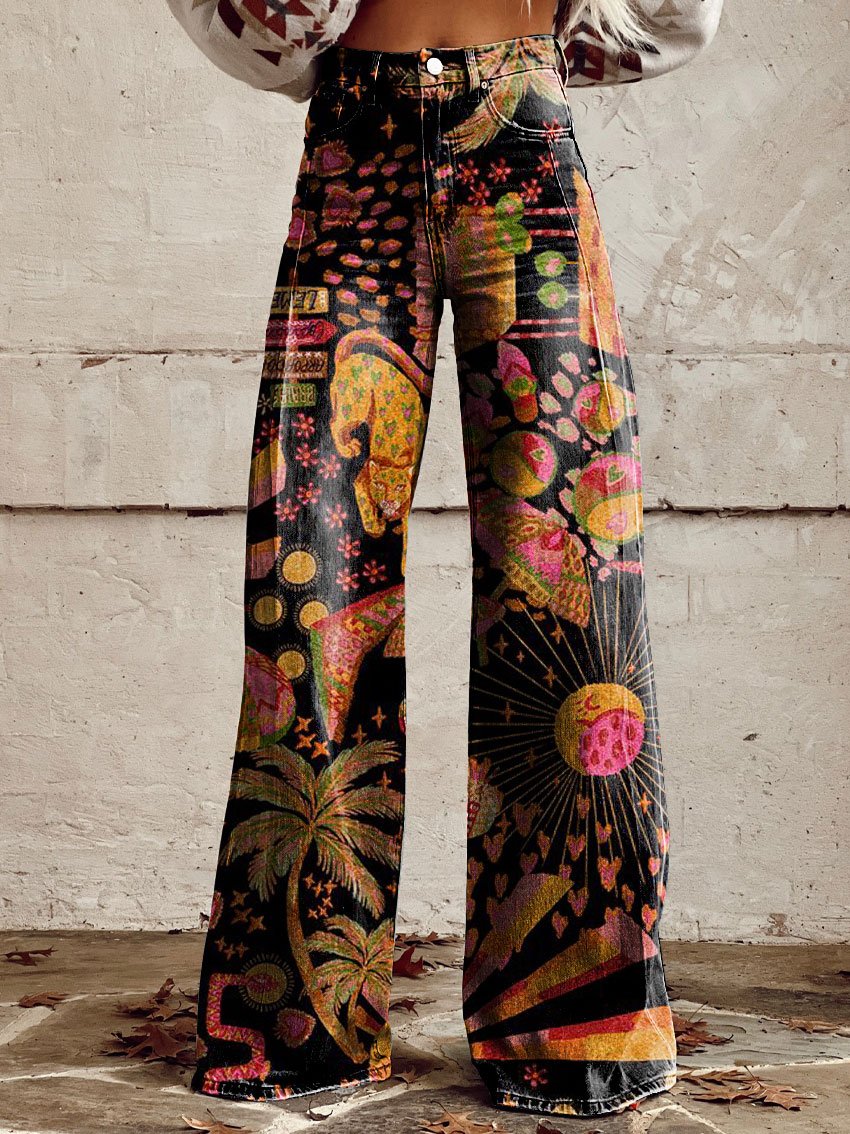 Vintage Print Casual Wide-Leg Pants