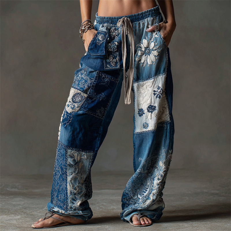 Vintage Floral Fiber Art Patchwork Flowy Casual Pants