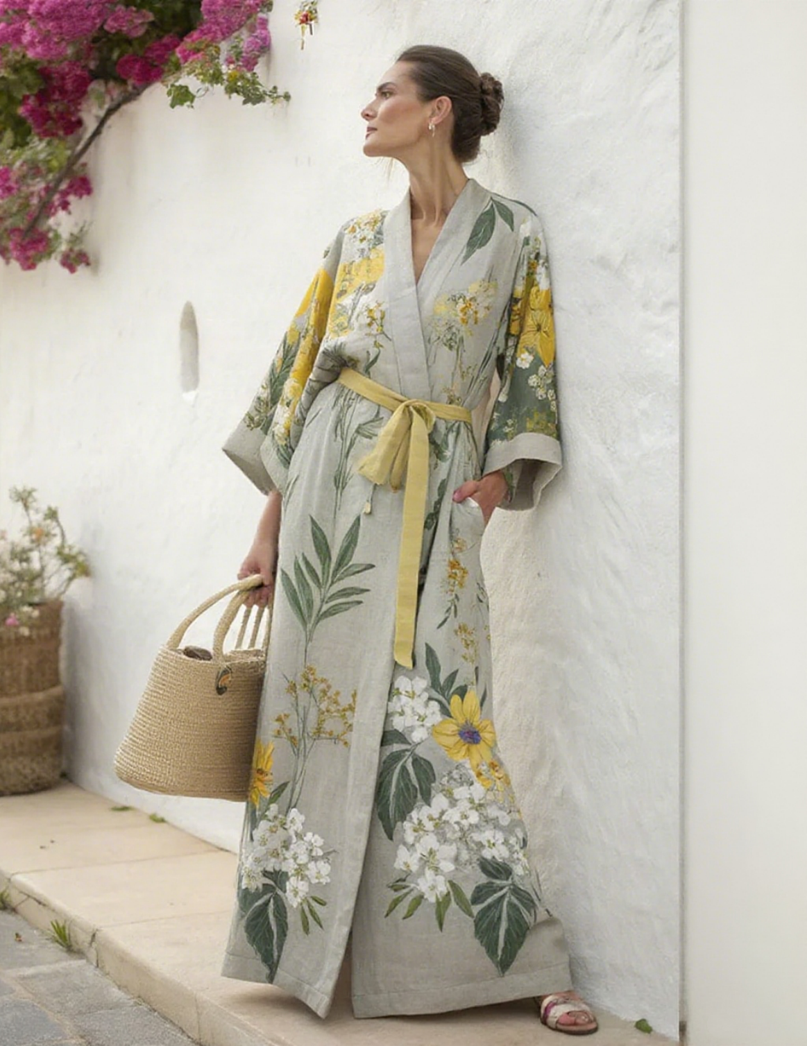 Artistic floral resort pattern kimono robe (with belt)