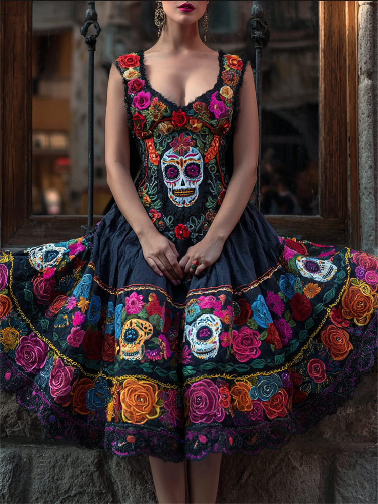 Day Of The Dead Sugar Skulls Roses Floral Linen Evening Dress