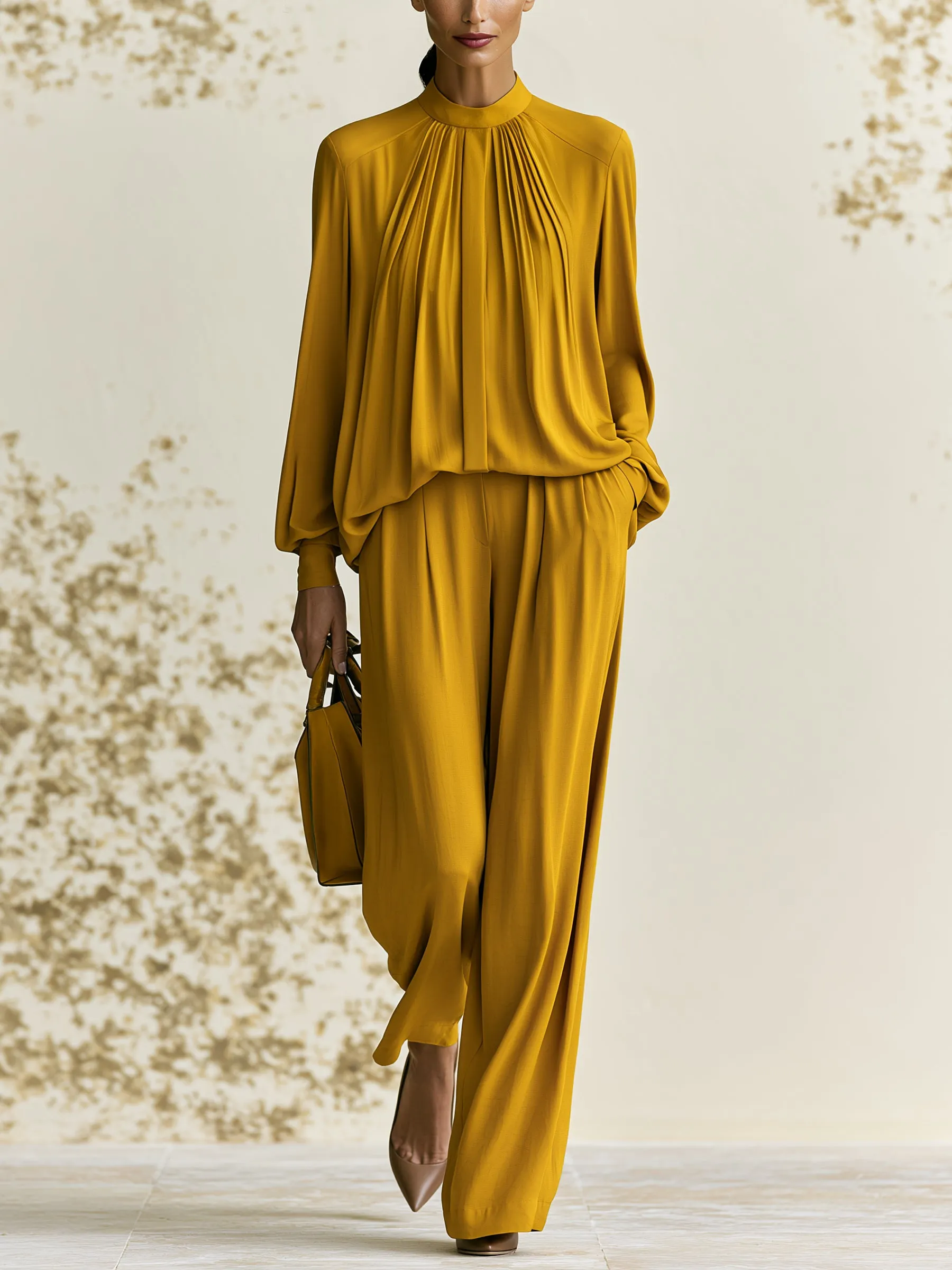 Elegant Two-Piece Set – High-Neck Top And Wide-Leg Trousers