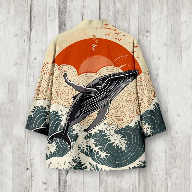 Whale Sunrise Japanese Art Linen Blend Kimono Cardigan