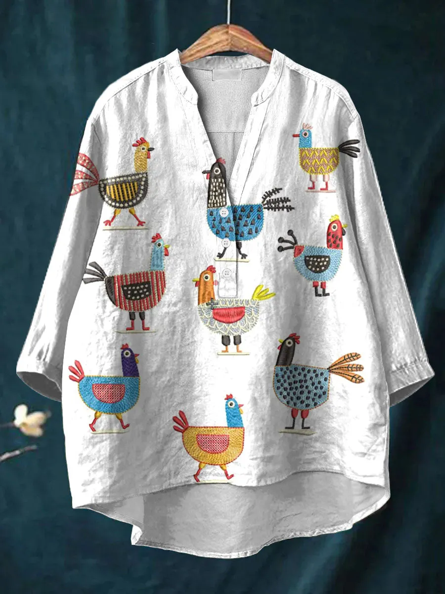 Funny Chick Art Print Casual Cotton & Linen Shirt