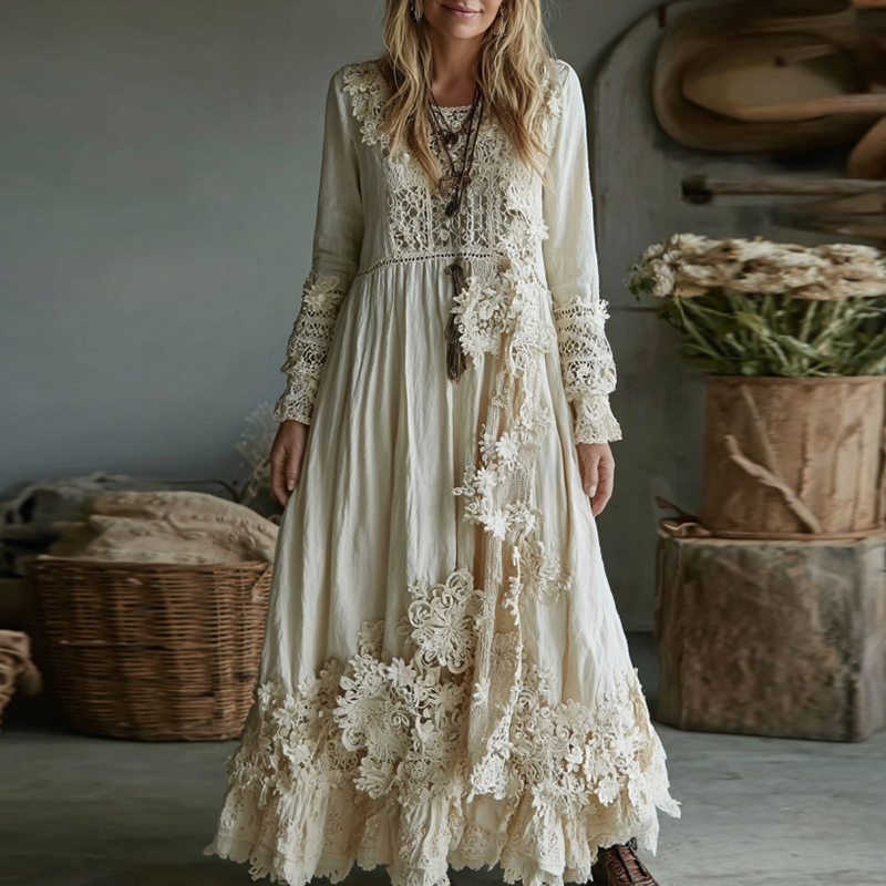 Women's Vintage Lace Floral Art Flowy Maxi Dress