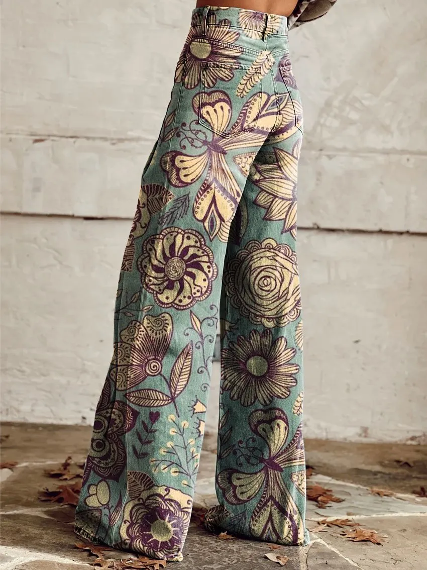 Vintage Print Casual Wide-Leg Pants