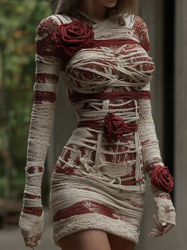Women's Halloween Muscle Anatomy Bandage With Rose Art Cozy Knit Mini Sweater Dress