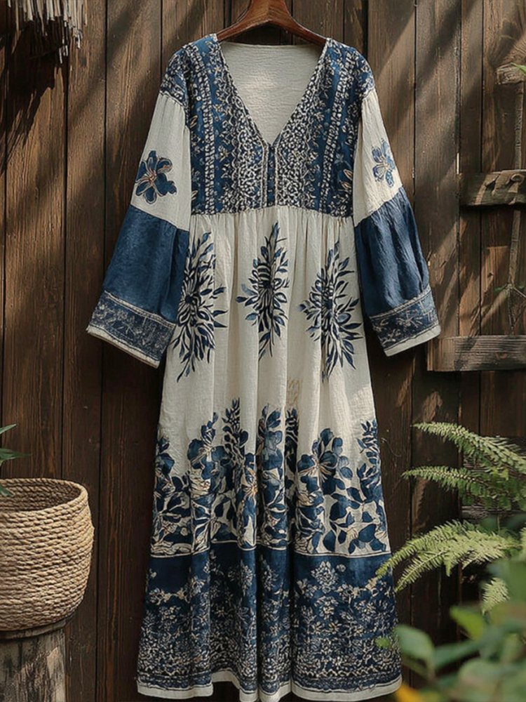 Floral V-neck Long-sleeved Dress
