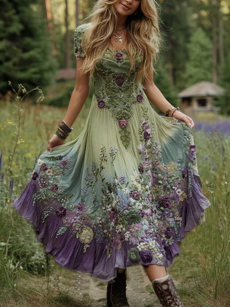 Classy Gradient Purple Lavender And Floral Embroidered Maxi Dress