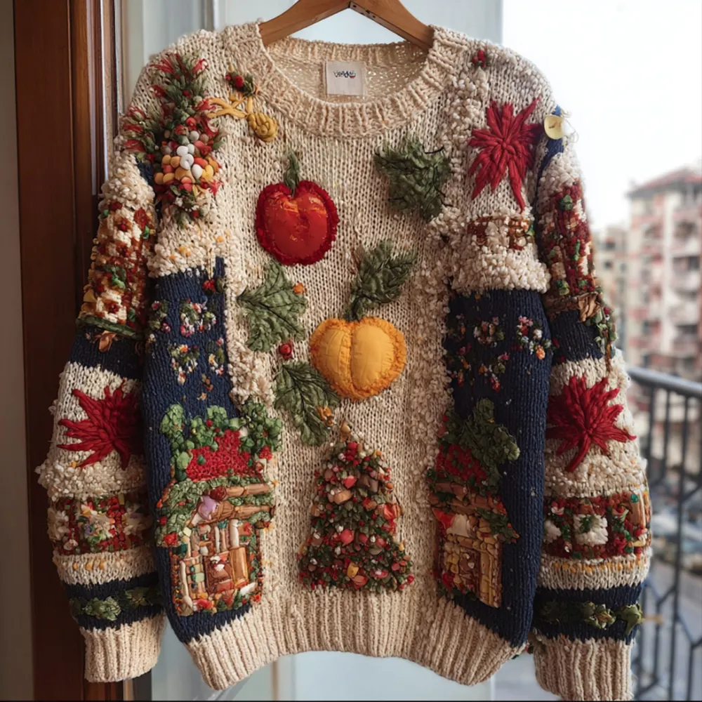 Thanksgiving Plant Flower Splicing Atmosphere Round Neck Sweater