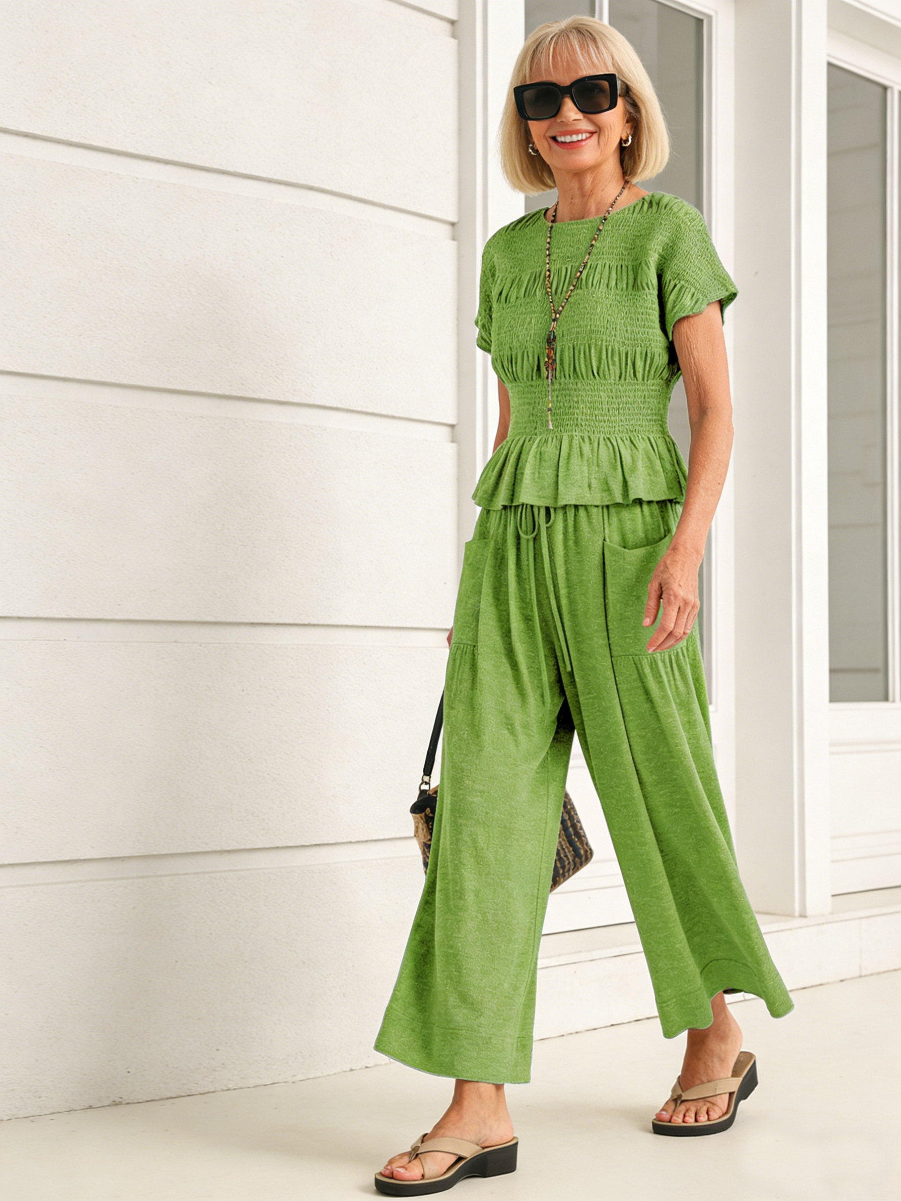 Green Ruffle-Hem Top & Wide-Leg Pants Set