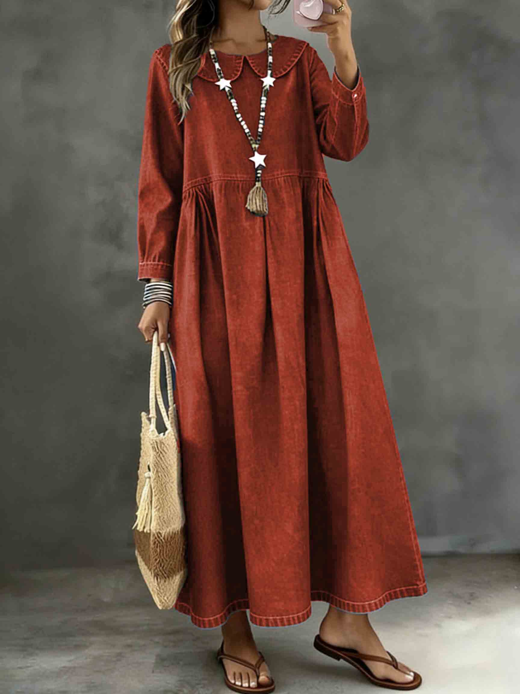 Long Sleeved Lotus leaf collar Loose Denim Dress
