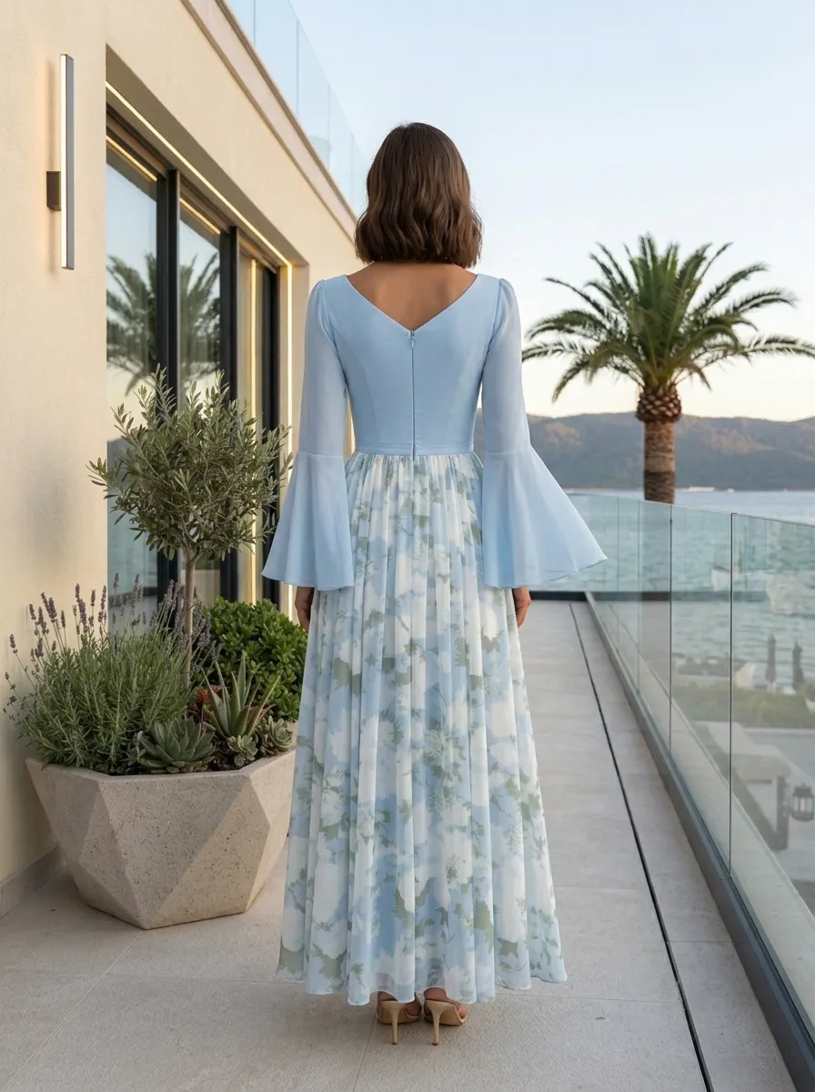 Light Blue Floral Chiffon Sweetheart Long Bell Sleeve A-Line Floor-length Gown