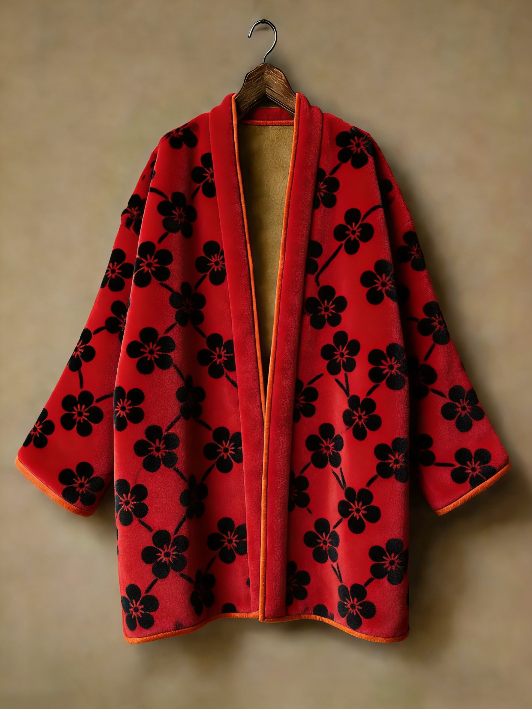 Flannel embroidered printed medium and long kimono cardigan