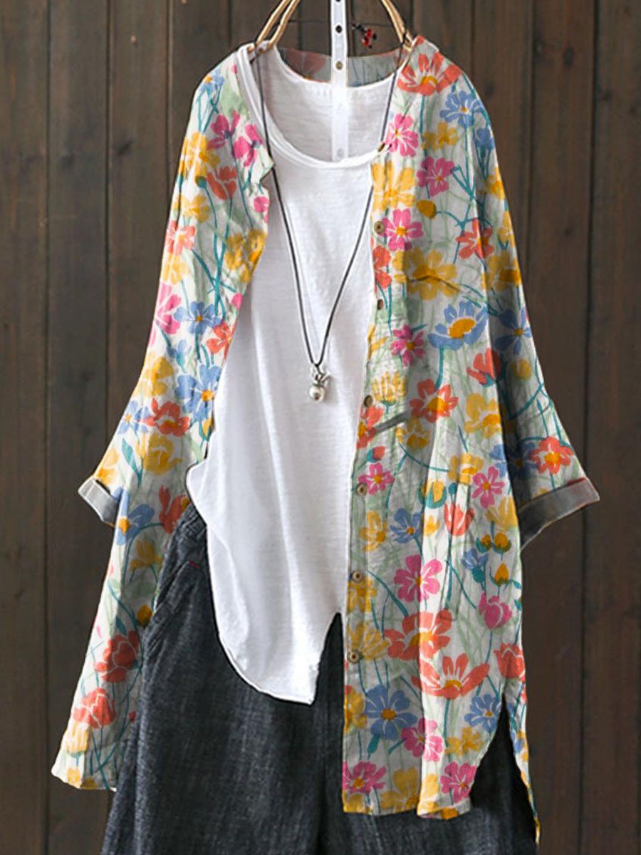 Vintage Lovely Floral Art Print Loose Casual Top Jacket