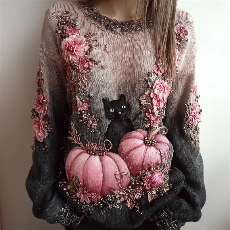Black Cat & Pink Pumpkins Floral Gradient Knit Sweater